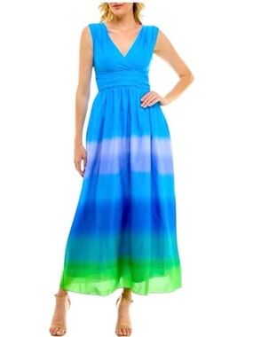 Taylor Ombre Tie Dye Rainbow Maxi Dress Sz S Pockets Empire Waist V-neck